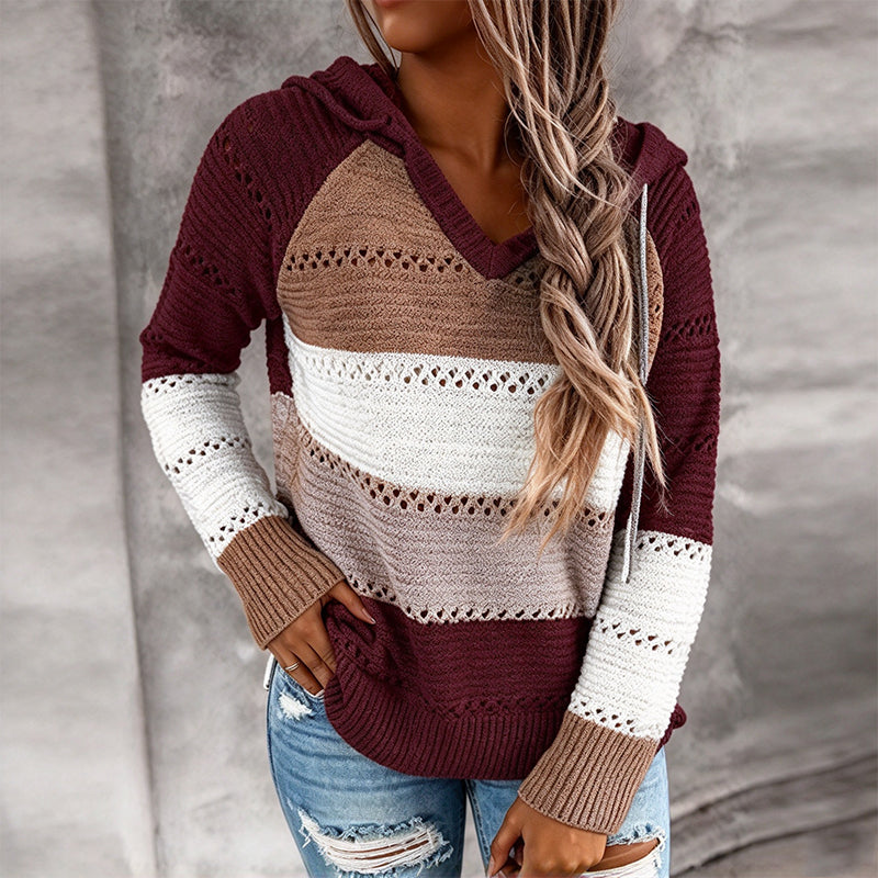 😍Dames Geblokte Uitgesneden Gebreide Hoodie