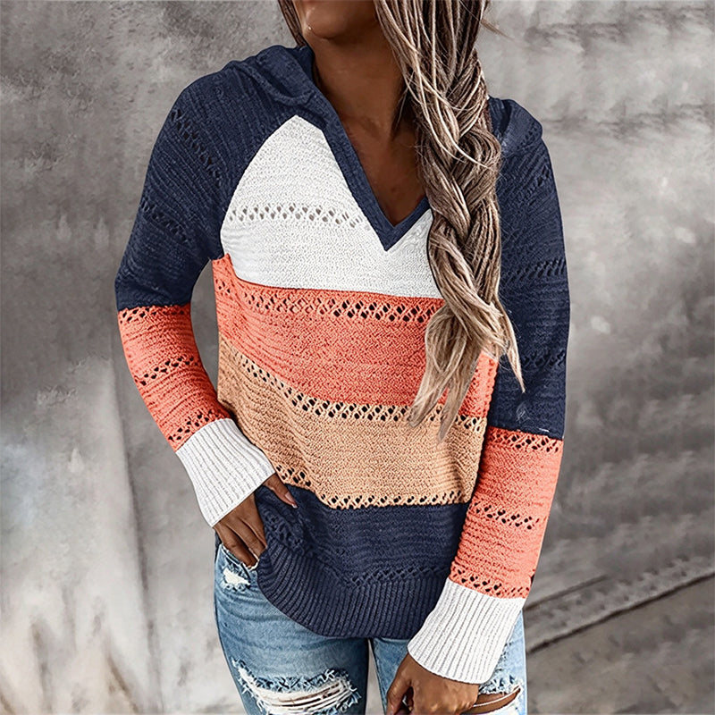 😍Dames Geblokte Uitgesneden Gebreide Hoodie