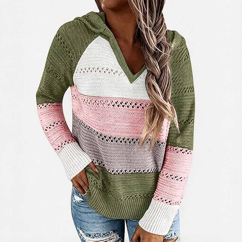 😍Dames Geblokte Uitgesneden Gebreide Hoodie