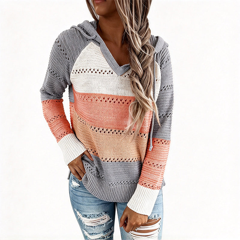 😍Dames Geblokte Uitgesneden Gebreide Hoodie