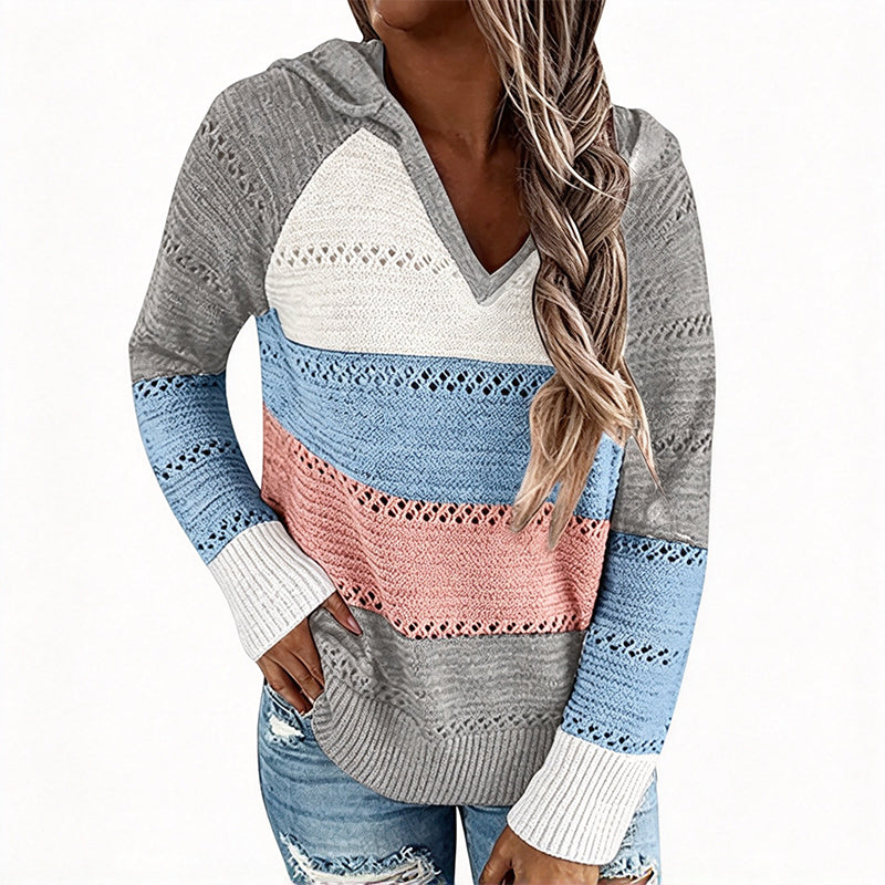 😍Dames Geblokte Uitgesneden Gebreide Hoodie