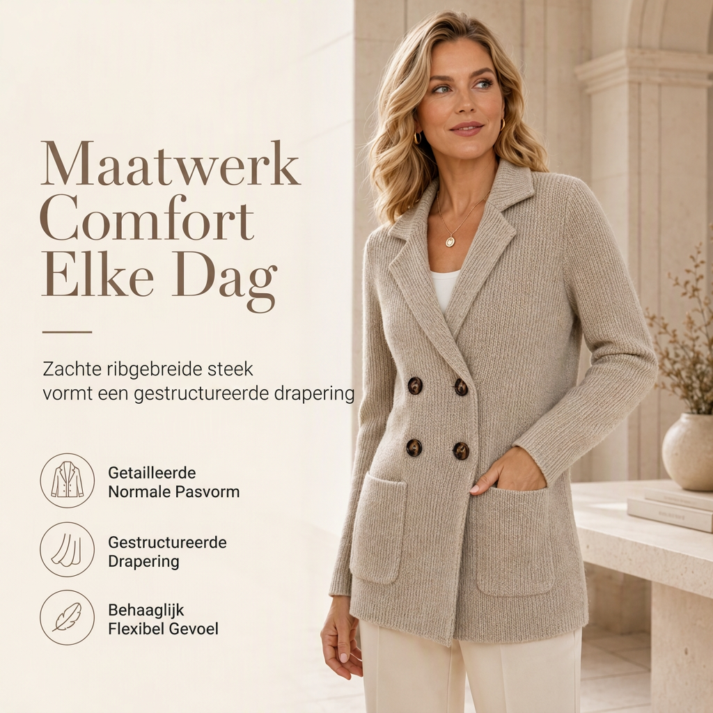 🔥Gratis verzending✈️Dames Geribbelde Gebreide Cardigan met Dubbele Rij Knopen – Lange Vest met Zakken & Reverskraag