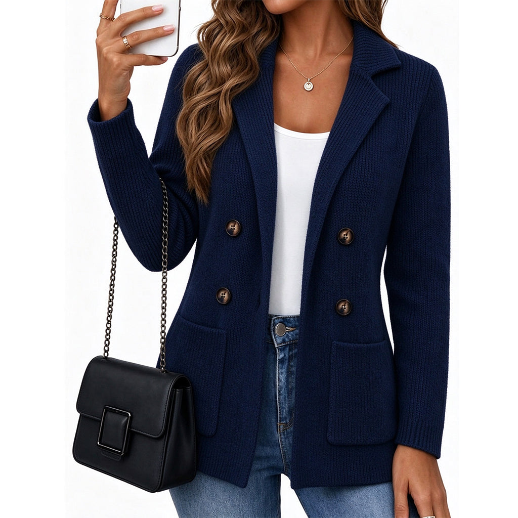 🔥Gratis verzending✈️Dames Geribbelde Gebreide Cardigan met Dubbele Rij Knopen – Lange Vest met Zakken & Reverskraag