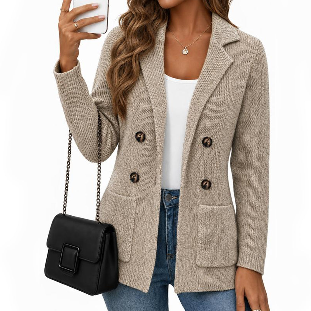 🔥Gratis verzending✈️Dames Geribbelde Gebreide Cardigan met Dubbele Rij Knopen – Lange Vest met Zakken & Reverskraag