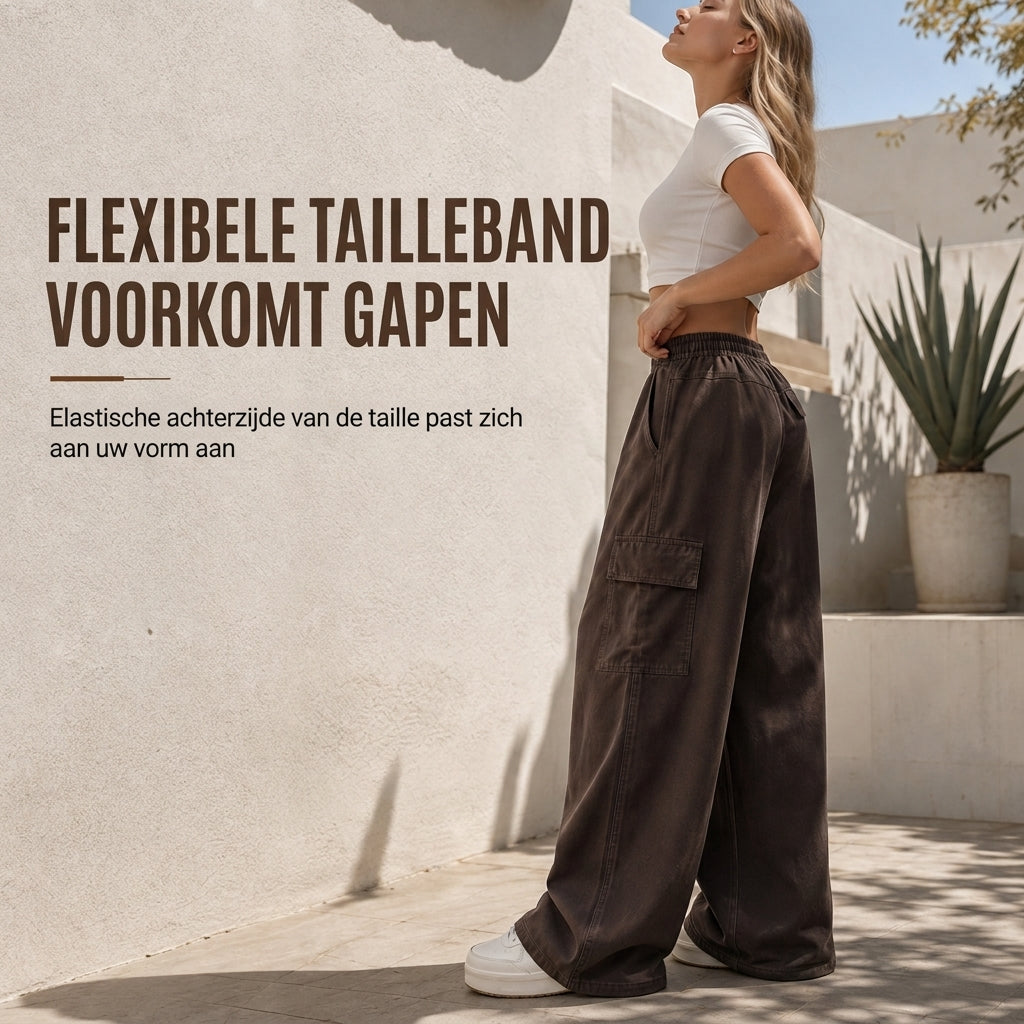 🔥Gratis verzending✈️Dames High Waist Baggy Cargo Broek met Wijde Pijpen – Comfortabele Utility Broek met Zakken & Relaxte Pasvorm