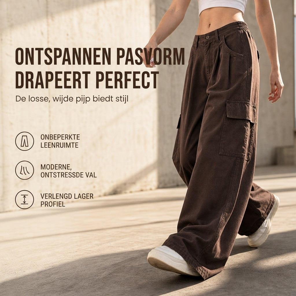 🔥Gratis verzending✈️Dames High Waist Baggy Cargo Broek met Wijde Pijpen – Comfortabele Utility Broek met Zakken & Relaxte Pasvorm