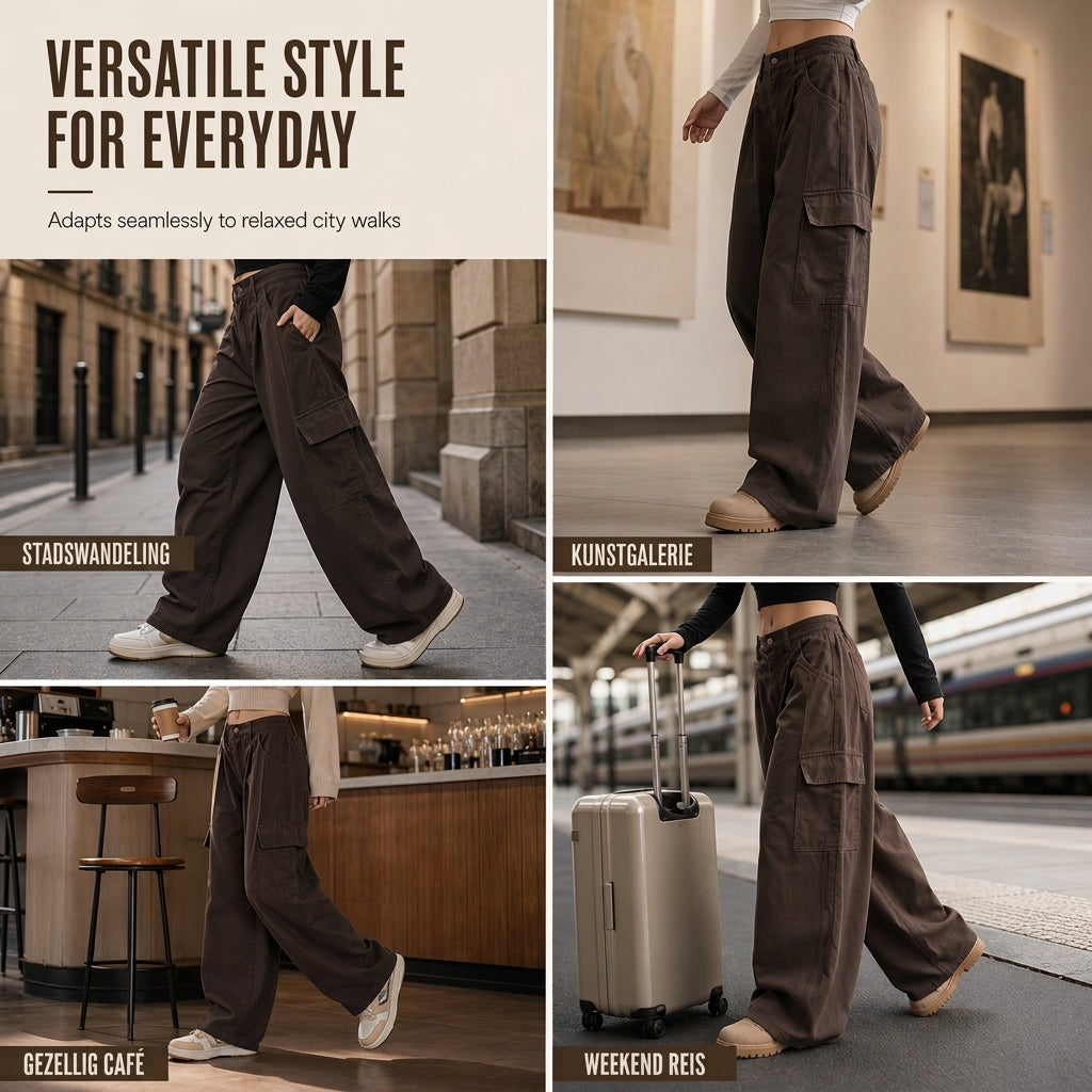 🔥Gratis verzending✈️Dames High Waist Baggy Cargo Broek met Wijde Pijpen – Comfortabele Utility Broek met Zakken & Relaxte Pasvorm