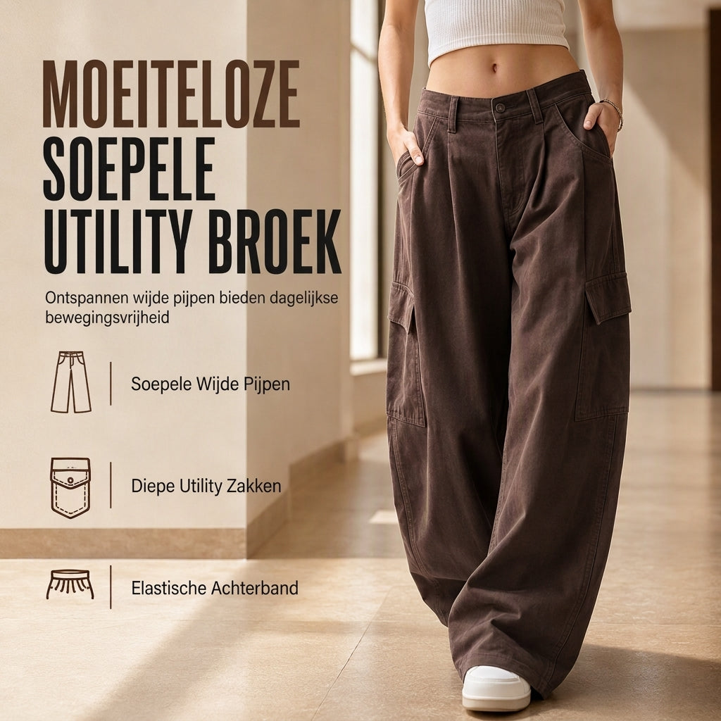 🔥Gratis verzending✈️Dames High Waist Baggy Cargo Broek met Wijde Pijpen – Comfortabele Utility Broek met Zakken & Relaxte Pasvorm
