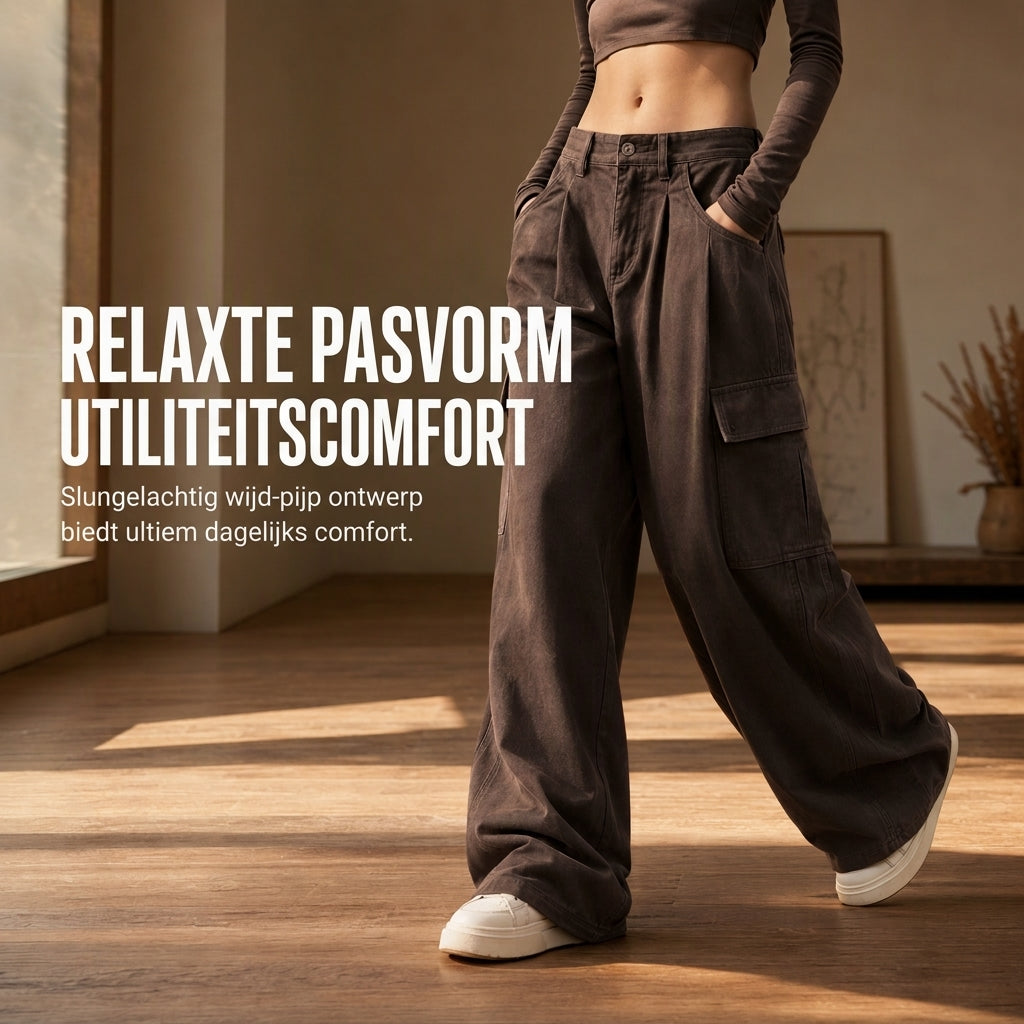 🔥Gratis verzending✈️Dames High Waist Baggy Cargo Broek met Wijde Pijpen – Comfortabele Utility Broek met Zakken & Relaxte Pasvorm