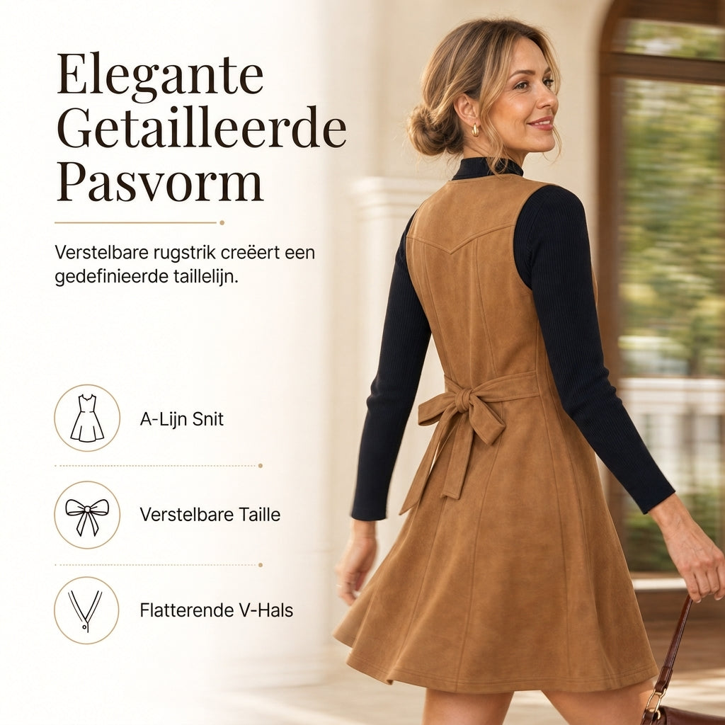 🔥Gratis verzending✈️Klassiek geborduurd suède-effect mouwloos lijnjurkje met V-hals en knopen aan de voorzijde