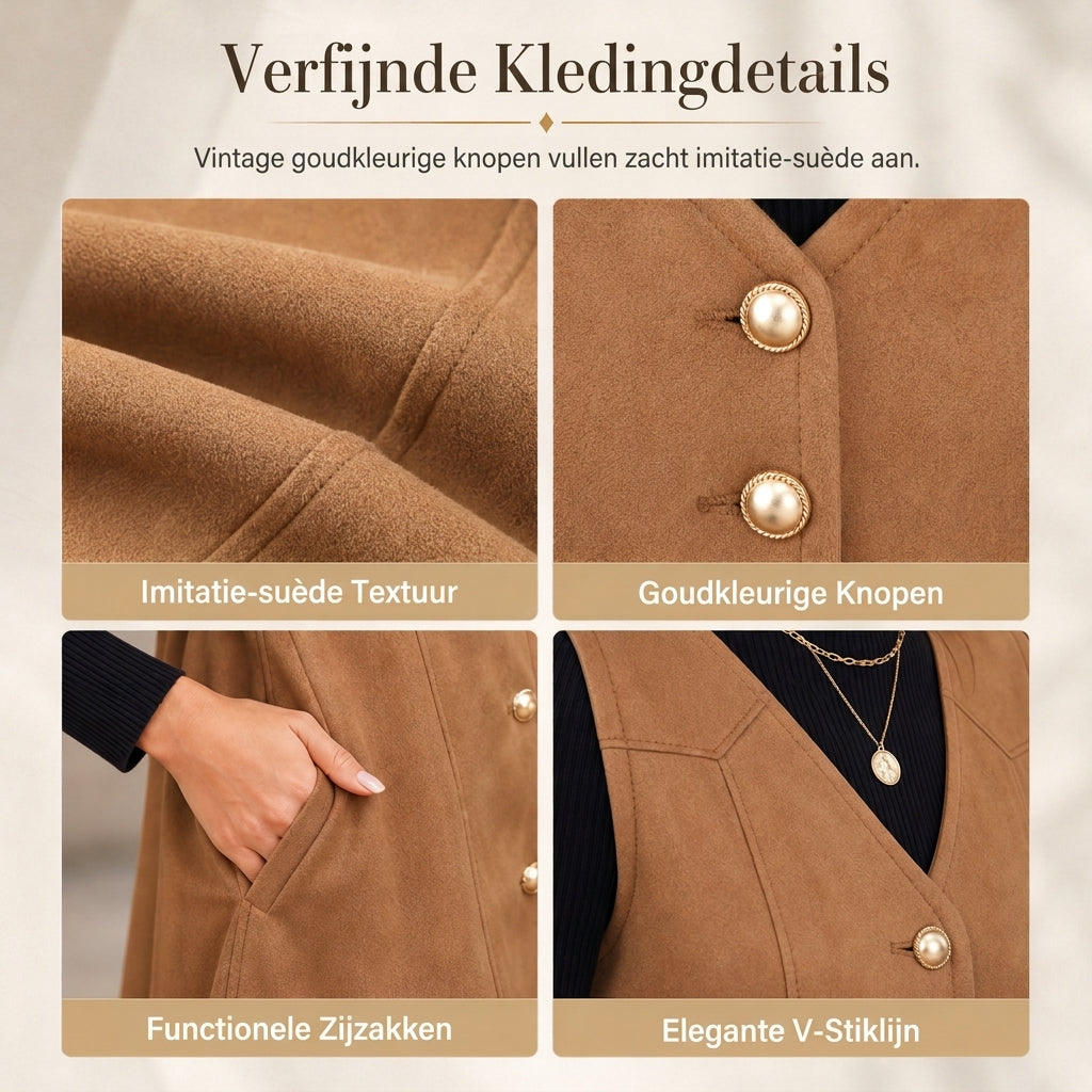 🔥Gratis verzending✈️Klassiek geborduurd suède-effect mouwloos lijnjurkje met V-hals en knopen aan de voorzijde