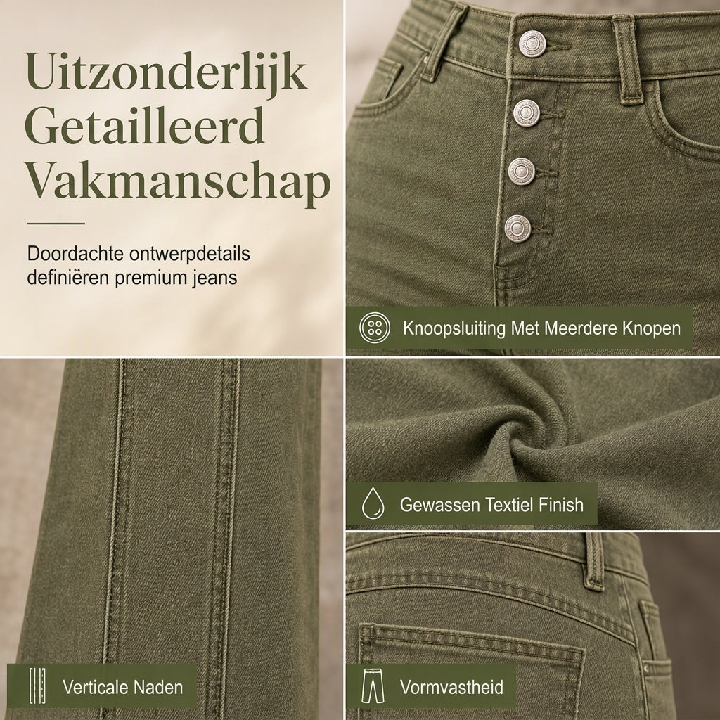 🔥Gratis verzending✈️Dames olijfgroene hoog getailleerde flared jeans met meerdere knopen en verticale naden aan de voorzijde