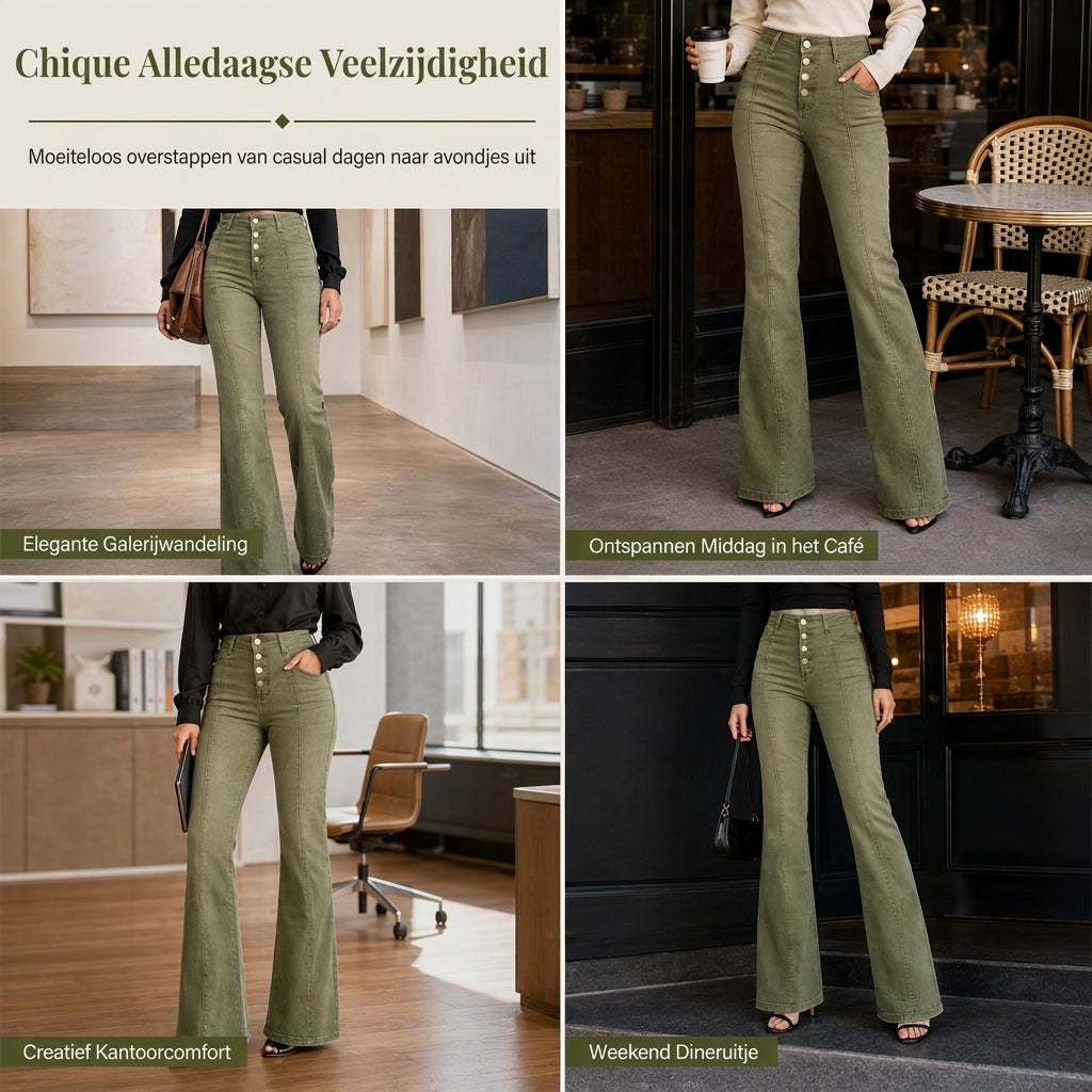 🔥Gratis verzending✈️Dames olijfgroene hoog getailleerde flared jeans met meerdere knopen en verticale naden aan de voorzijde