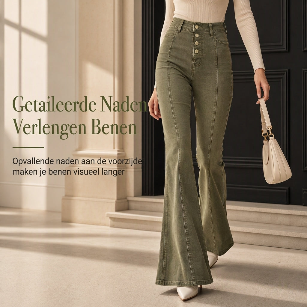 🔥Gratis verzending✈️Dames olijfgroene hoog getailleerde flared jeans met meerdere knopen en verticale naden aan de voorzijde