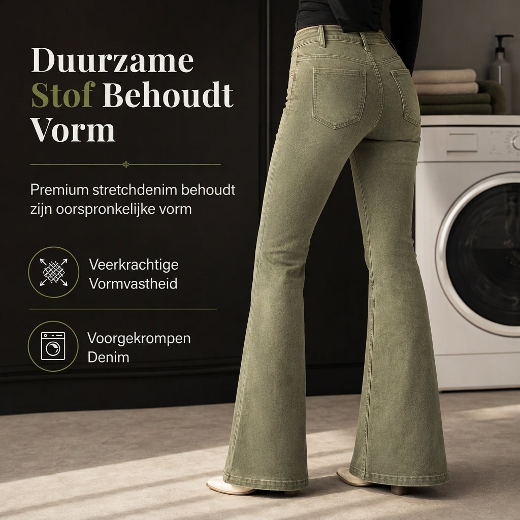 🔥Gratis verzending✈️Dames olijfgroene hoog getailleerde flared jeans met meerdere knopen en verticale naden aan de voorzijde