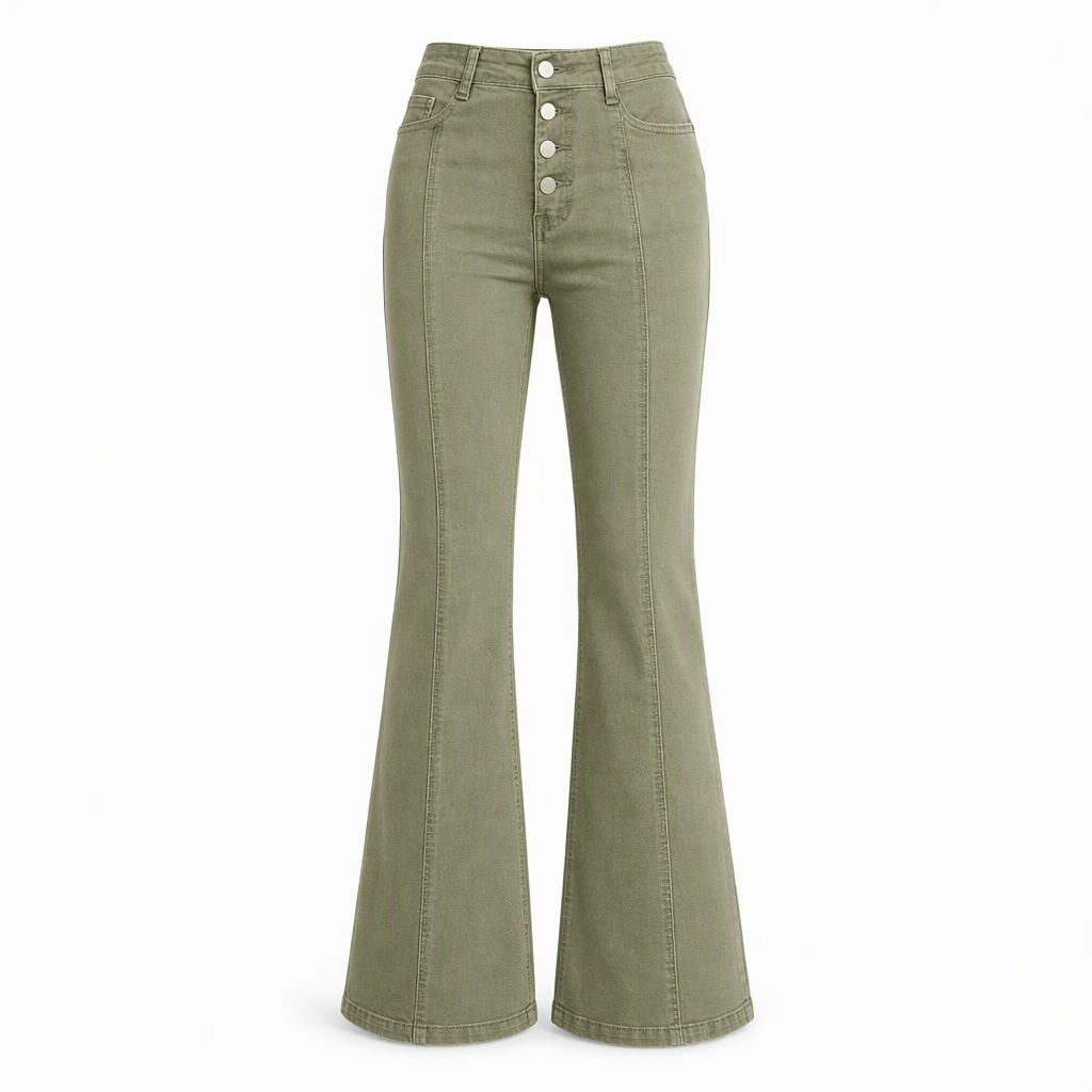 🔥Gratis verzending✈️Dames olijfgroene hoog getailleerde flared jeans met meerdere knopen en verticale naden aan de voorzijde
