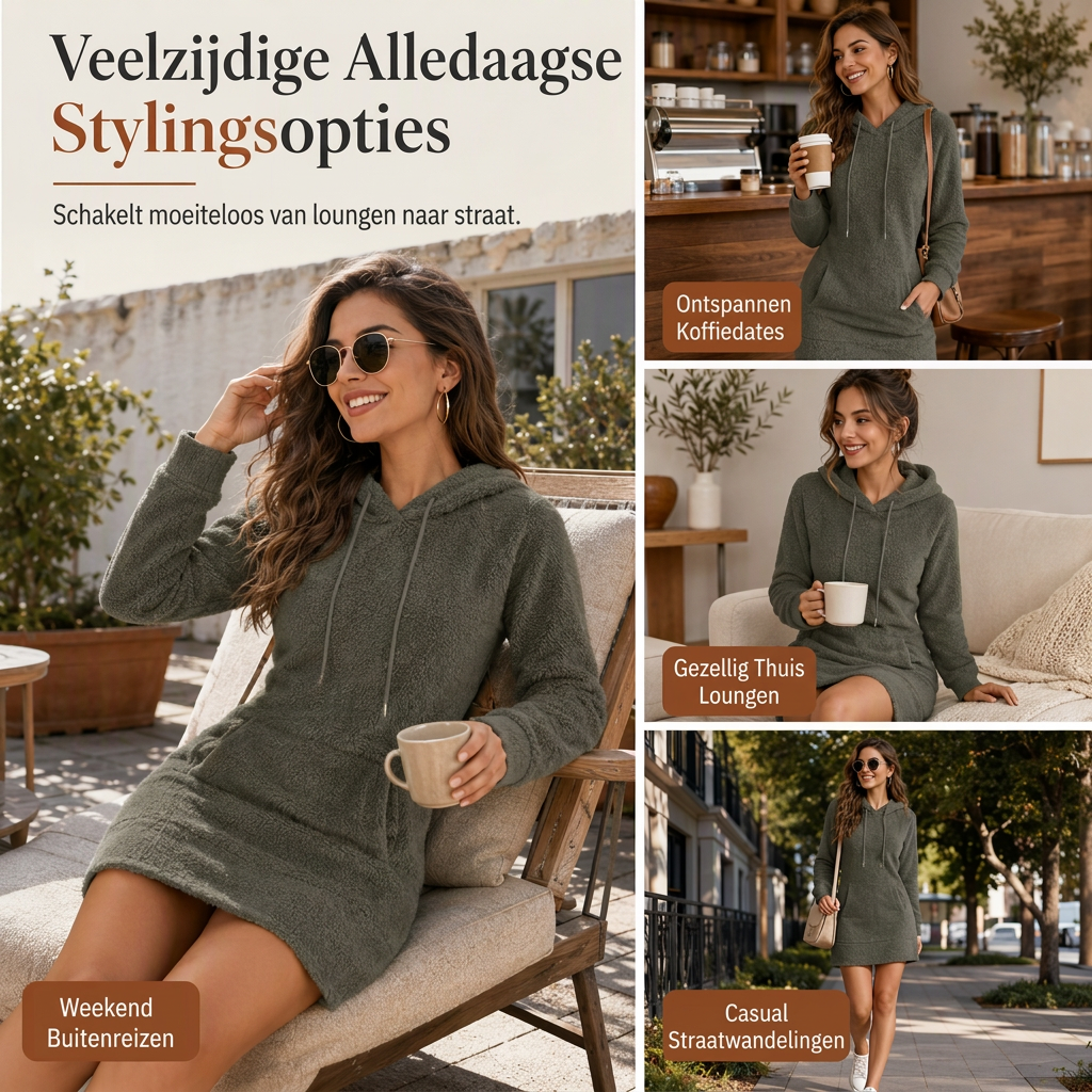 🔥Gratis verzending✈️Casual Dames Hoodiejurk van Fleece met Capuchon – Warme Comfortabele Lange Sweaterjurk