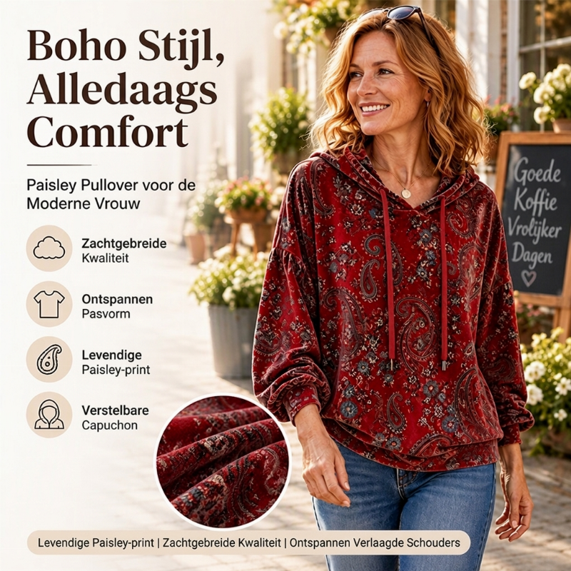 ✨ Nieuwe Collectie 💎 Dames Hoodie met Paisley-Print en Trekkoord – Comfortabele Casual Trui met Trendy Uitstraling