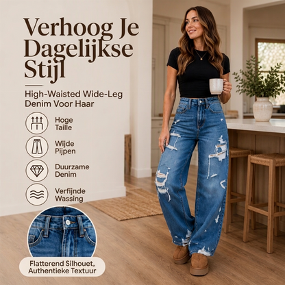 🔥Gratis verzending✈️ Chique Gerafelde Denim Wijde Pijp Broek voor Dames – Trendy Jeans met Comfortabele Pasvorm