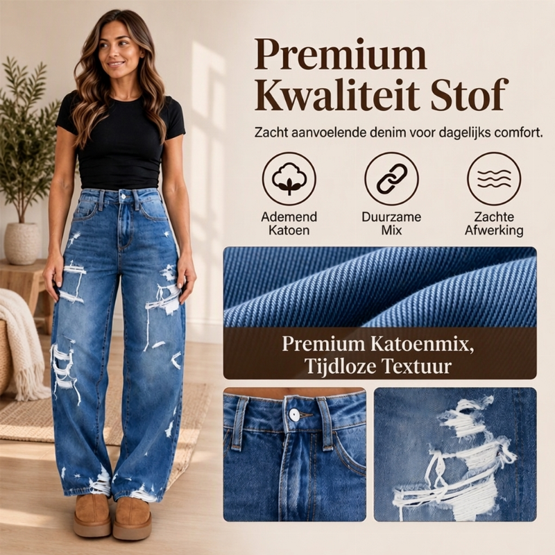 🔥Gratis verzending✈️ Chique Gerafelde Denim Wijde Pijp Broek voor Dames – Trendy Jeans met Comfortabele Pasvorm