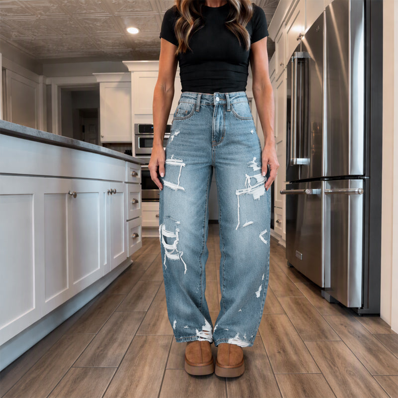 🔥Gratis verzending✈️ Chique Gerafelde Denim Wijde Pijp Broek voor Dames – Trendy Jeans met Comfortabele Pasvorm