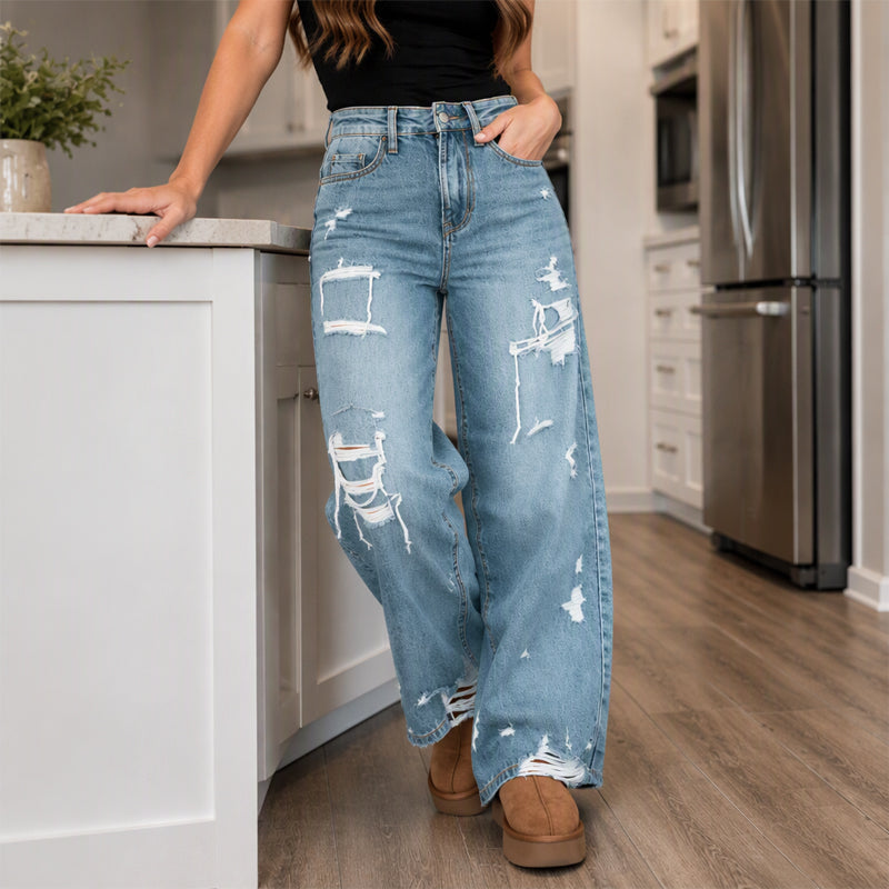 🔥Gratis verzending✈️ Chique Gerafelde Denim Wijde Pijp Broek voor Dames – Trendy Jeans met Comfortabele Pasvorm