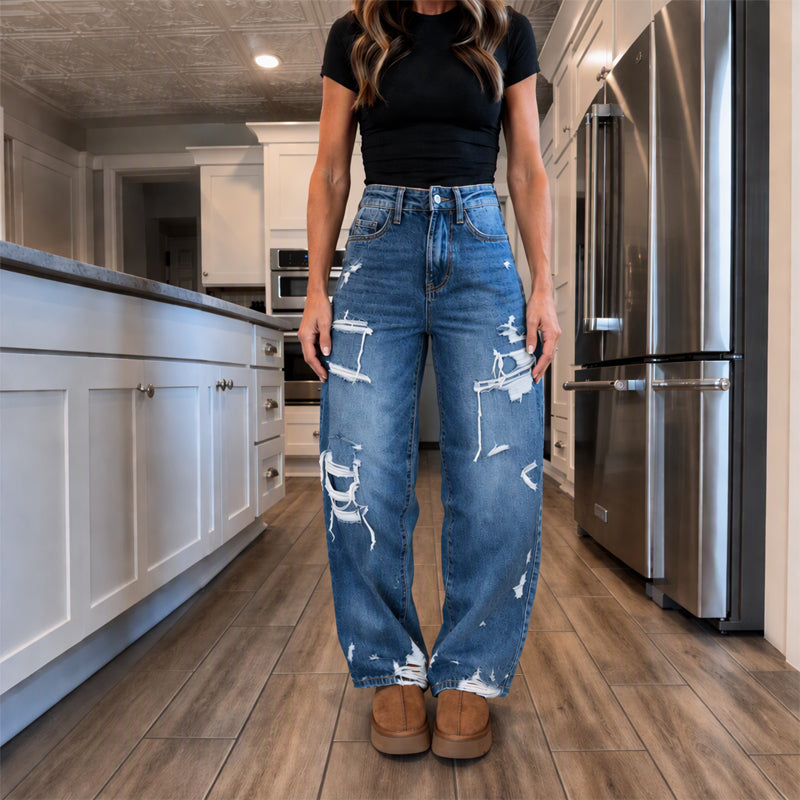 🔥Gratis verzending✈️ Chique Gerafelde Denim Wijde Pijp Broek voor Dames – Trendy Jeans met Comfortabele Pasvorm