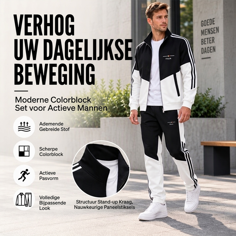 🔥Gratis verzending✈️Heren Colorblock Trainingsset met Ritsjas & Broek met Trekkoord – Comfortabele Casual 2-Delige Set