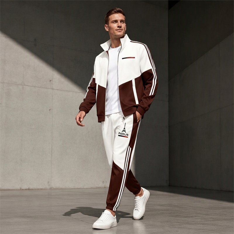 🔥Gratis verzending✈️Heren Colorblock Trainingsset met Ritsjas & Broek met Trekkoord – Comfortabele Casual 2-Delige Set