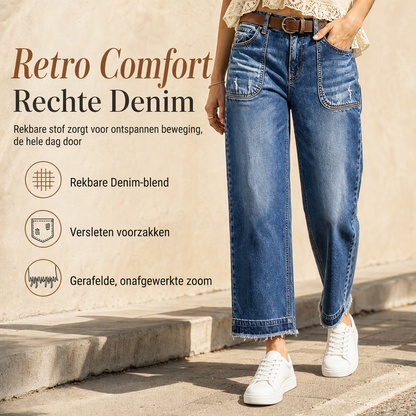 🔥Gratis verzending✈️Dames Vintage Rekbaar Straight Leg Denim Jeans met Gerafelde Patchzakken en Frayed Raw Hem