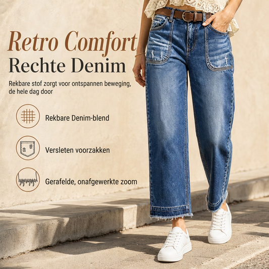 🔥Gratis verzending✈️Dames Vintage Rekbaar Straight Leg Denim Jeans met Gerafelde Patchzakken en Frayed Raw Hem