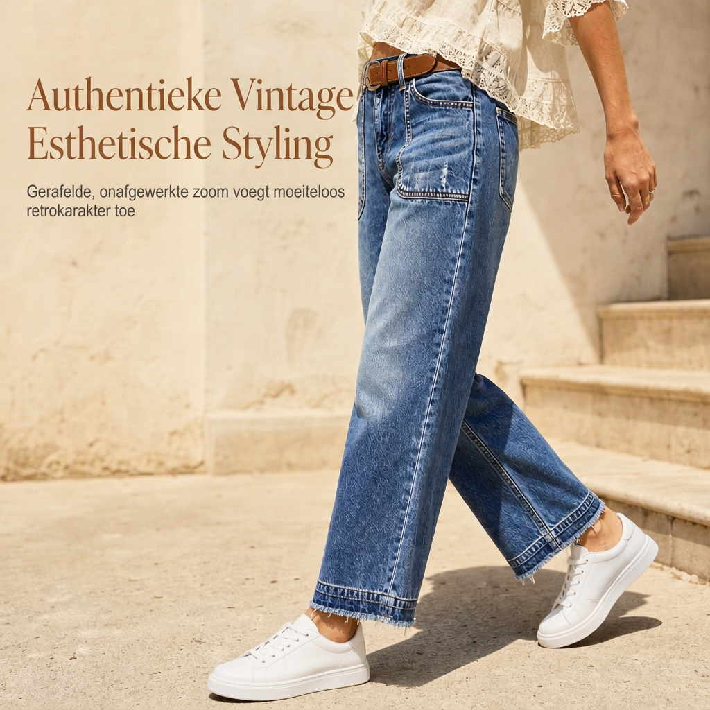 🔥Gratis verzending✈️Dames Vintage Rekbaar Straight Leg Denim Jeans met Gerafelde Patchzakken en Frayed Raw Hem