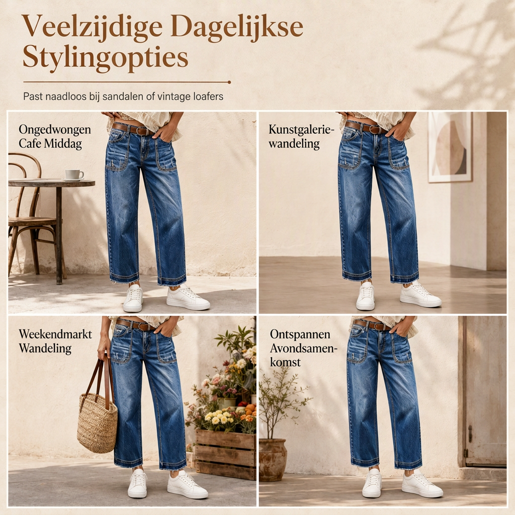 🔥Gratis verzending✈️Dames Vintage Rekbaar Straight Leg Denim Jeans met Gerafelde Patchzakken en Frayed Raw Hem