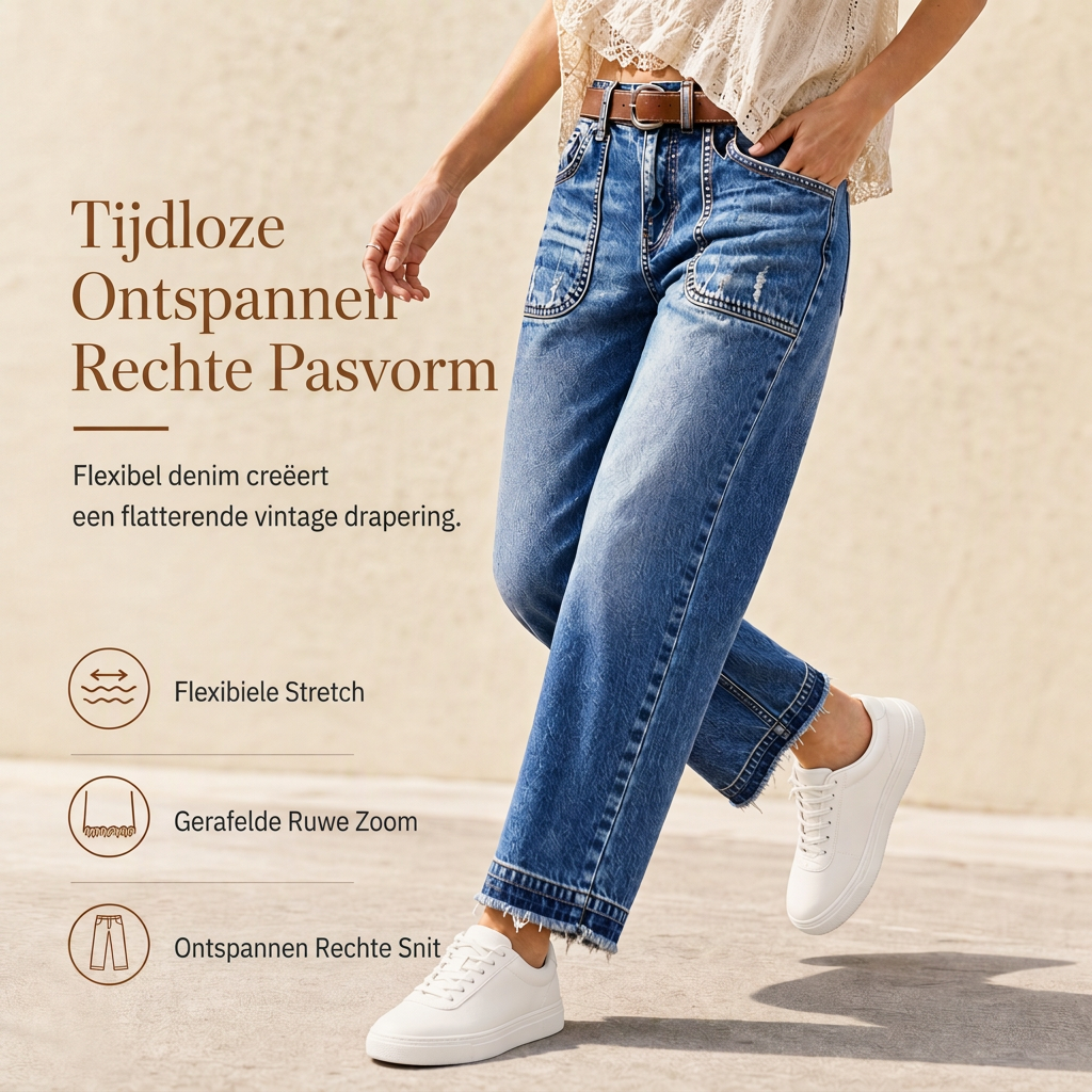 🔥Gratis verzending✈️Dames Vintage Rekbaar Straight Leg Denim Jeans met Gerafelde Patchzakken en Frayed Raw Hem