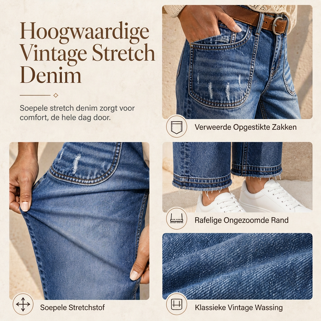 🔥Gratis verzending✈️Dames Vintage Rekbaar Straight Leg Denim Jeans met Gerafelde Patchzakken en Frayed Raw Hem