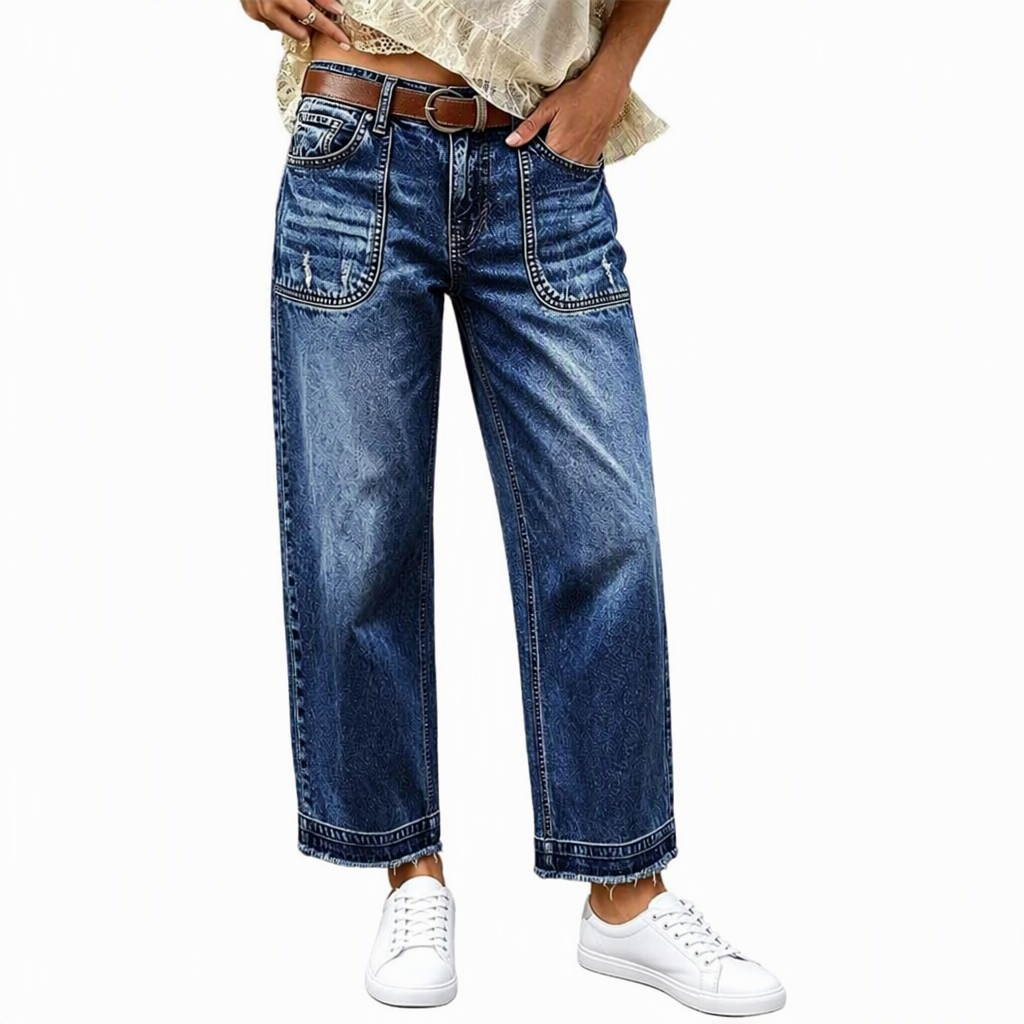 🔥Gratis verzending✈️Dames Vintage Rekbaar Straight Leg Denim Jeans met Gerafelde Patchzakken en Frayed Raw Hem