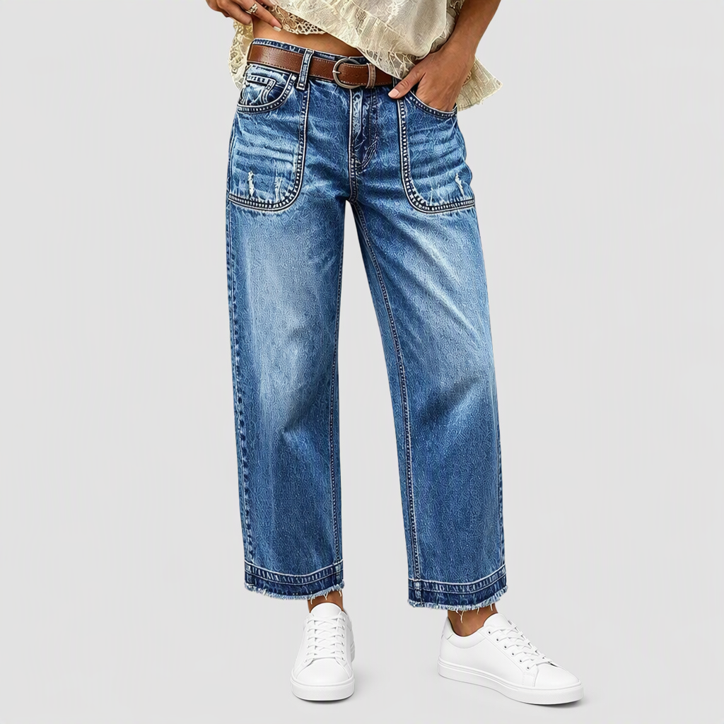🔥Gratis verzending✈️Dames Vintage Rekbaar Straight Leg Denim Jeans met Gerafelde Patchzakken en Frayed Raw Hem