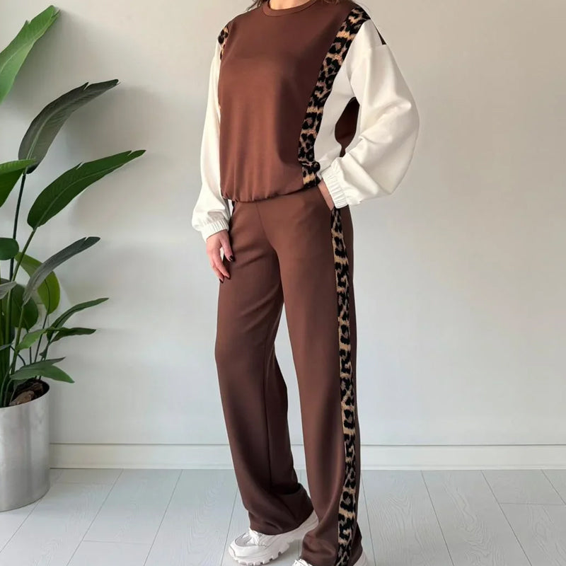 Trendy dames set met luipaardprint aan de zijkant, 2-delig