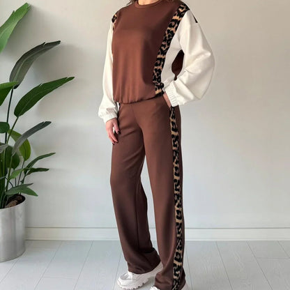 Trendy dames set met luipaardprint aan de zijkant, 2-delig