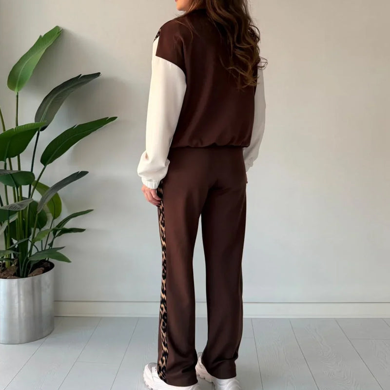 Trendy dames set met luipaardprint aan de zijkant, 2-delig