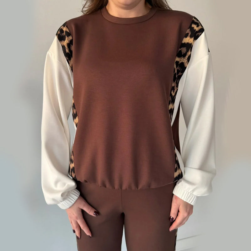 Trendy dames set met luipaardprint aan de zijkant, 2-delig