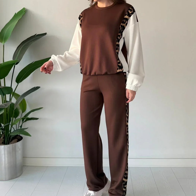 Trendy dames set met luipaardprint aan de zijkant, 2-delig