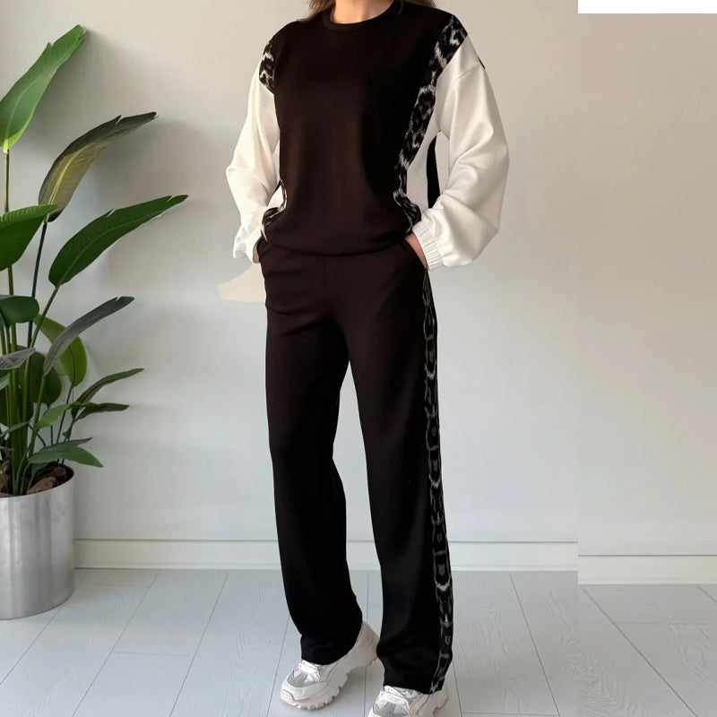 Trendy dames set met luipaardprint aan de zijkant, 2-delig