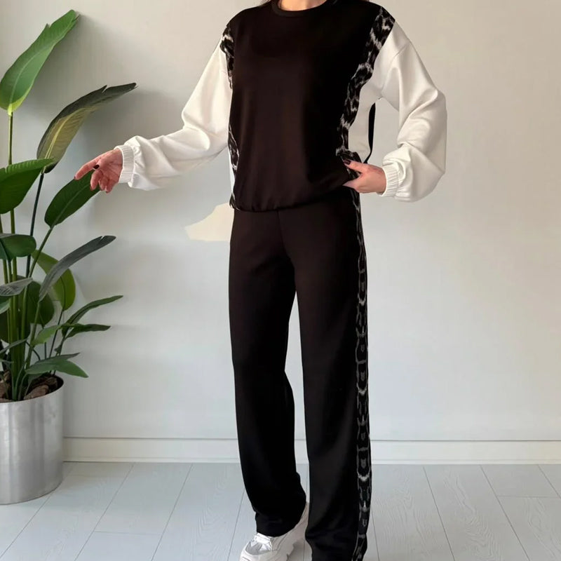 Trendy dames set met luipaardprint aan de zijkant, 2-delig