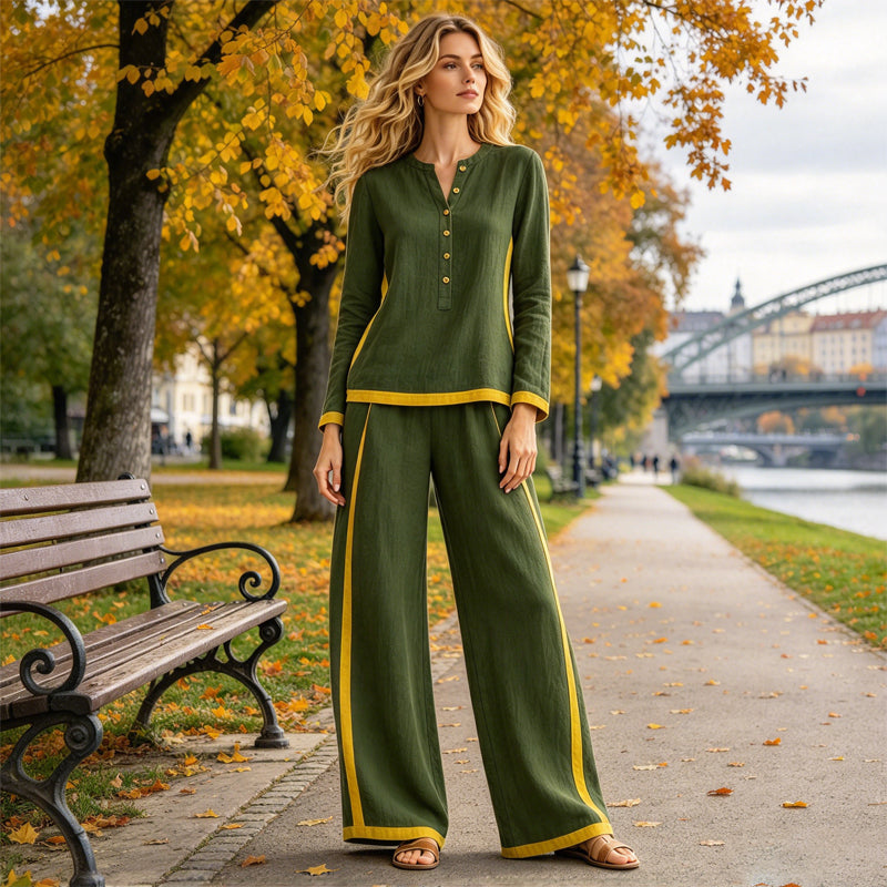🔥Gratis verzending✈️Dames Colorblock 2-Delige Set met Lange Mouwen Top & Wijde Pantalon – Trendy Design en Comfortabele Pasvorm