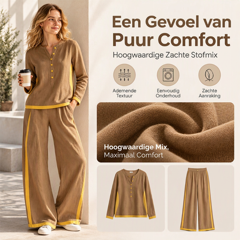 🔥Gratis verzending✈️Dames Colorblock 2-Delige Set met Lange Mouwen Top & Wijde Pantalon – Trendy Design en Comfortabele Pasvorm