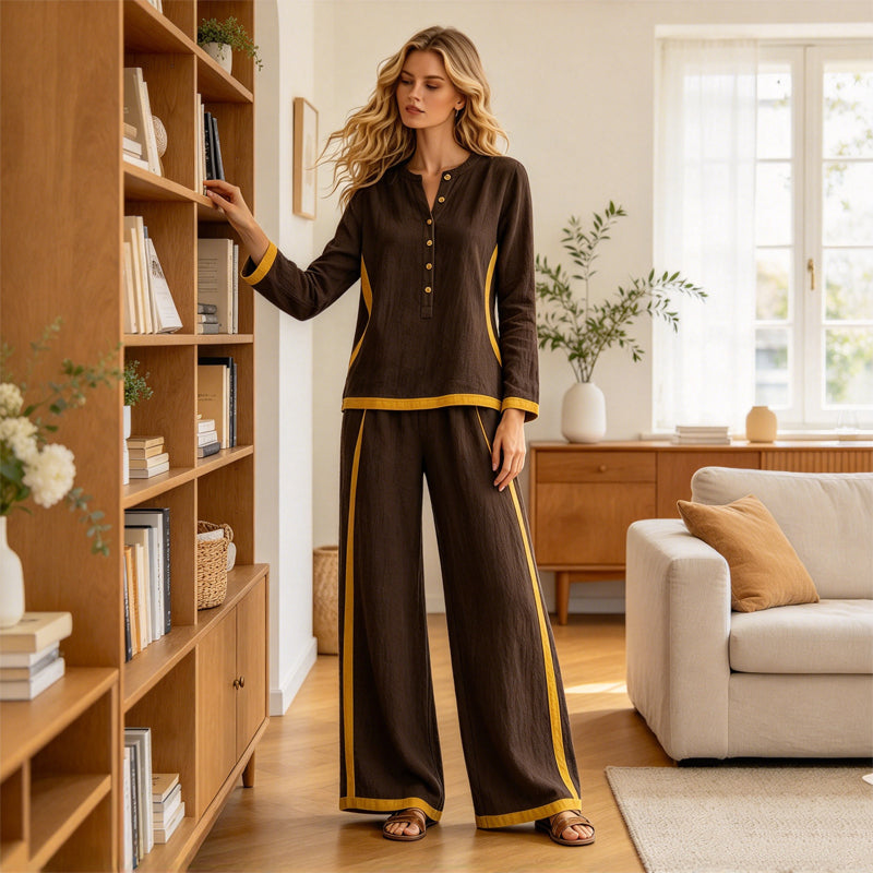 🔥Gratis verzending✈️Dames Colorblock 2-Delige Set met Lange Mouwen Top & Wijde Pantalon – Trendy Design en Comfortabele Pasvorm