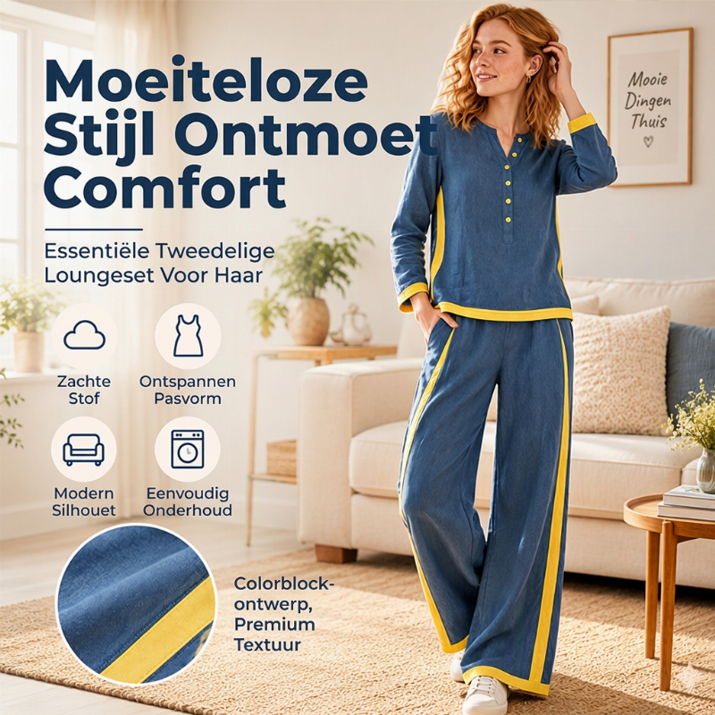 🔥Gratis verzending✈️Dames Colorblock 2-Delige Set met Lange Mouwen Top & Wijde Pantalon – Trendy Design en Comfortabele Pasvorm