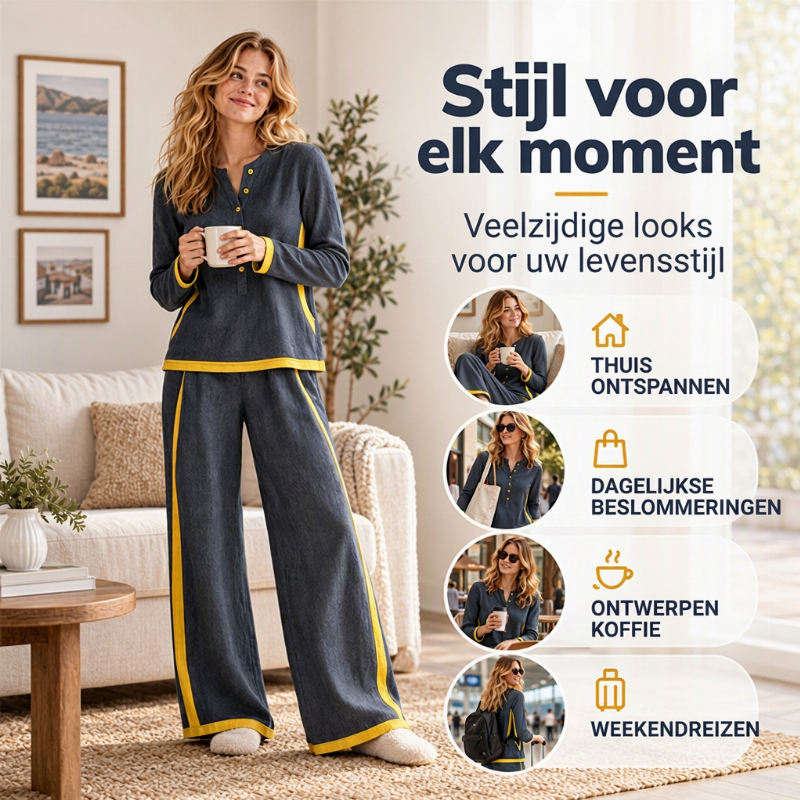 🔥Gratis verzending✈️Dames Colorblock 2-Delige Set met Lange Mouwen Top & Wijde Pantalon – Trendy Design en Comfortabele Pasvorm