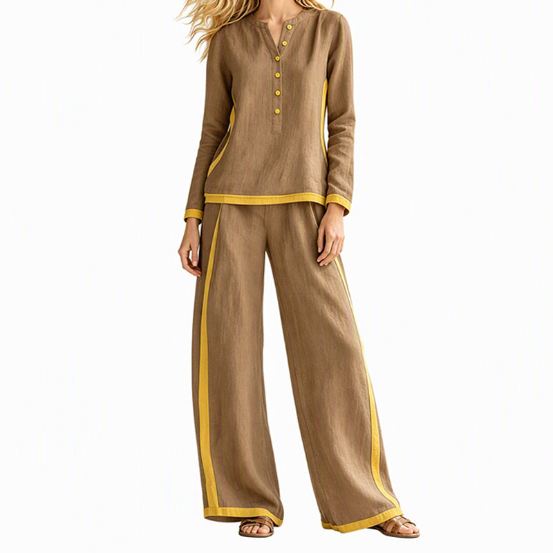 🔥Gratis verzending✈️Dames Colorblock 2-Delige Set met Lange Mouwen Top & Wijde Pantalon – Trendy Design en Comfortabele Pasvorm